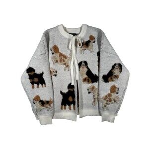 Roffe Fluffy 3D Dog Thick White Oversized Cardigan Woman's Medium Cozy